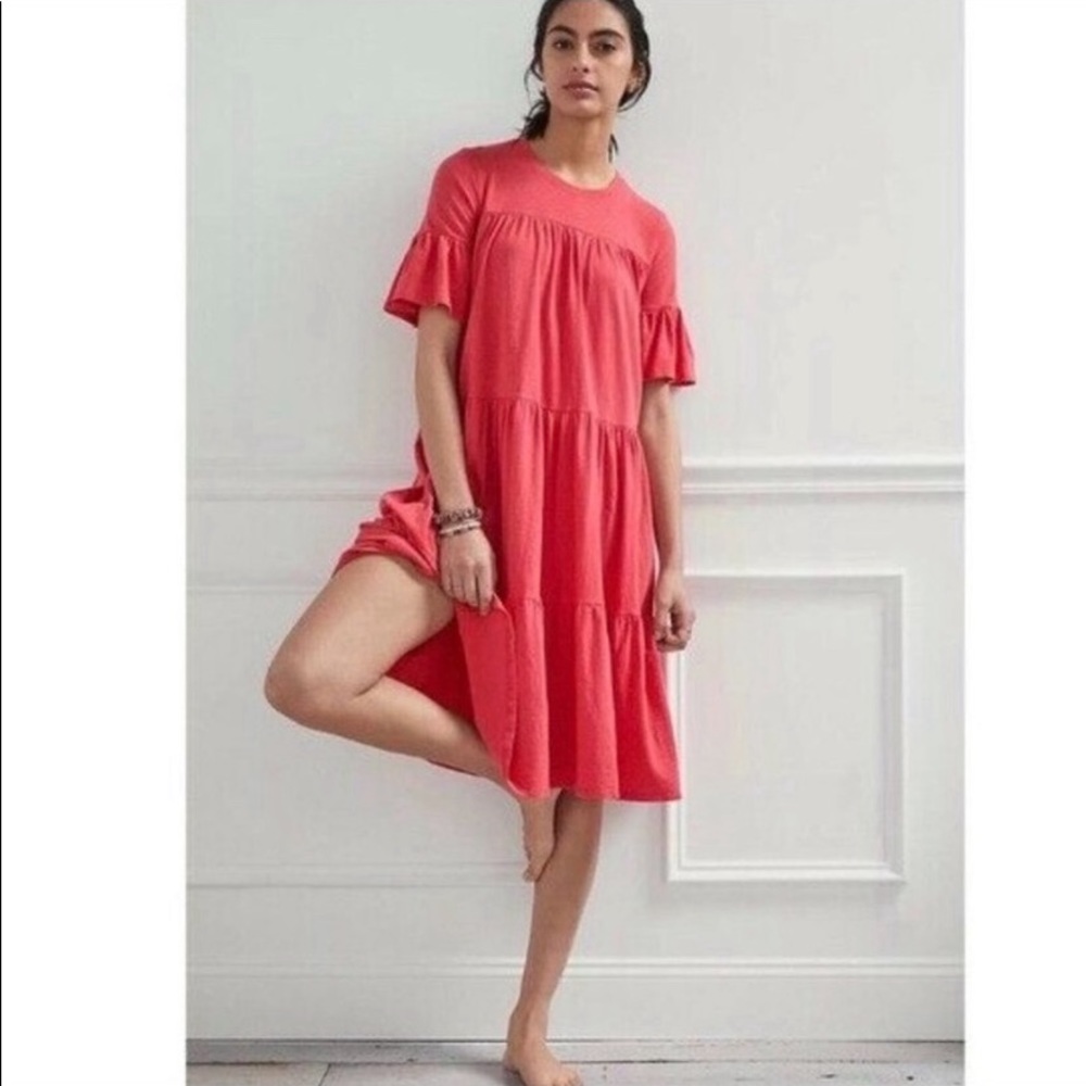 - Anthropologie Sundry Roseanne Tiered Midi Dress in Rose Pink